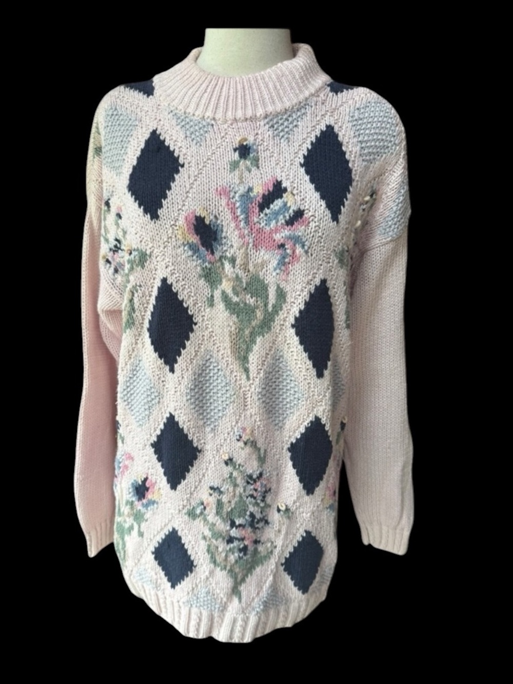 1980s Zero Sport Oversized Ramie Cotton Floral Geometric Pattern Jumper Sweater